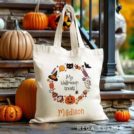 【🔥Hot Sale🔥】Personalized Halloween Treat Wreath Featuring Pumpkins Ghosts and Cats for a Festive Celebration Tote Bag