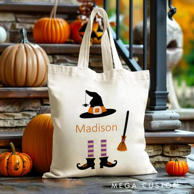 【🔥Hot Sale🔥】Personalized Witch Hat and Broom Featuring Name for a Fun Halloween Celebration Tote Bag