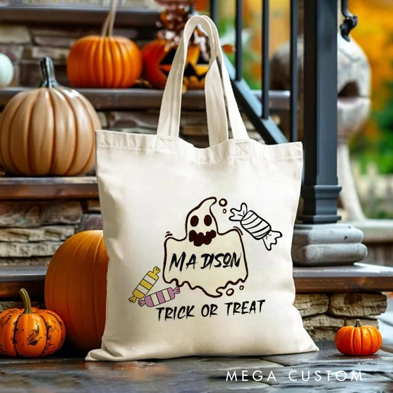 【🔥Hot Sale🔥】Personalized Ghost Featuring Name and Candy Accents for a Festive Halloween Celebration Tote Bag