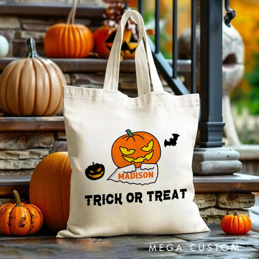 【🔥Hot Sale🔥】Personalized Pumpkin Head Featuring Name for a Fun and Spooky Trick or Treat Tote Bag