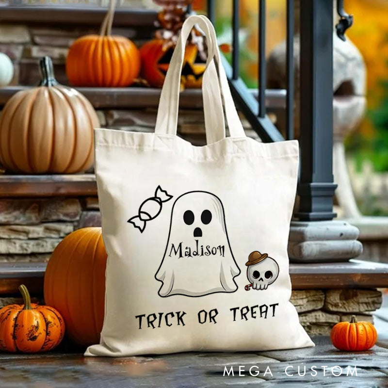 【🔥Hot Sale🔥】Personalized Ghost Featuring Name and Skull Accents for a Cute Halloween Celebration Tote Bag