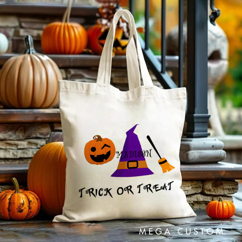 【🔥Hot Sale🔥】Personalized Witch Hat and Pumpkin Featuring Name for a Festive Halloween Accent Tote Bag
