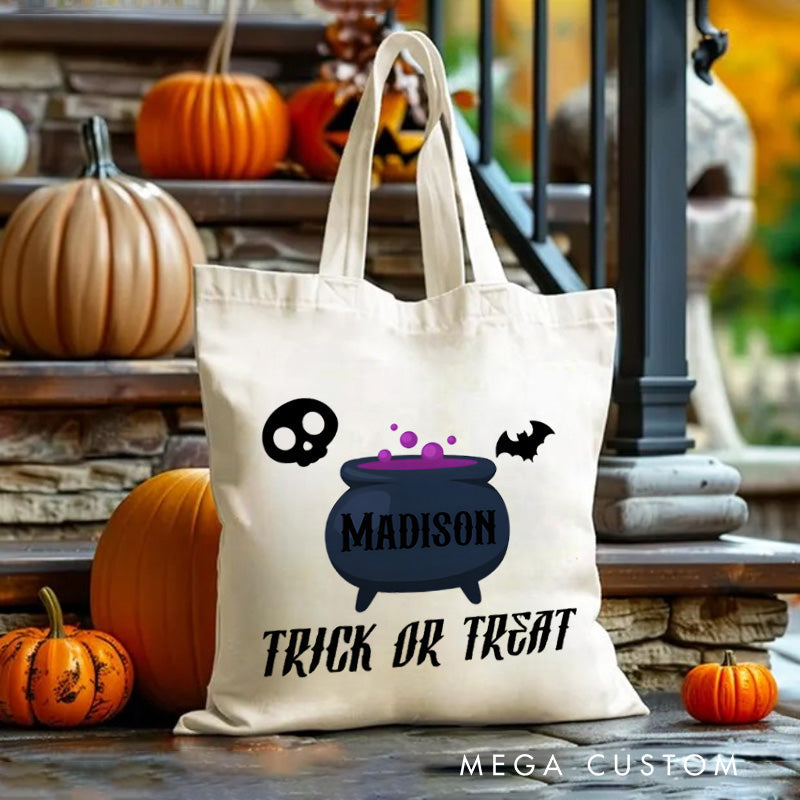 【🔥Hot Sale🔥】Personalized Cauldron Featuring Name and Halloween Symbols for a Spooky Trick or Treat Tote Bag