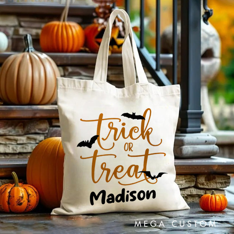 【🔥Hot Sale🔥】Personalized Trick or Treat Featuring Elegant Typography and Name for a Stylish Halloween Tote Bag