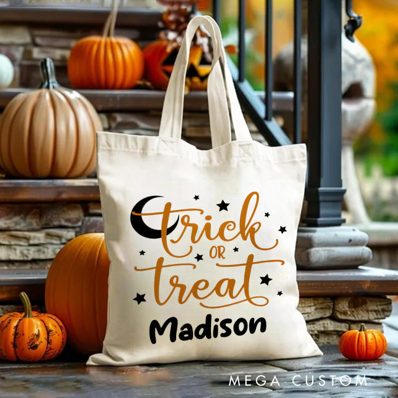 【🔥Hot Sale🔥】Personalized Trick or Treat Featuring Moon Stars and Name for a Magical Halloween Accent Tote Bag