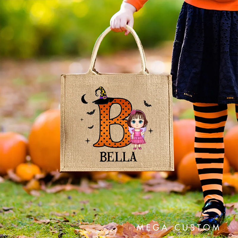 【🔥Hot Sale🔥】Personalized Cartoon Vampire Witch Trick or Treat Jute Tote Bag with Name and Initial Halloween Spooky Season Gift for Boys Girls