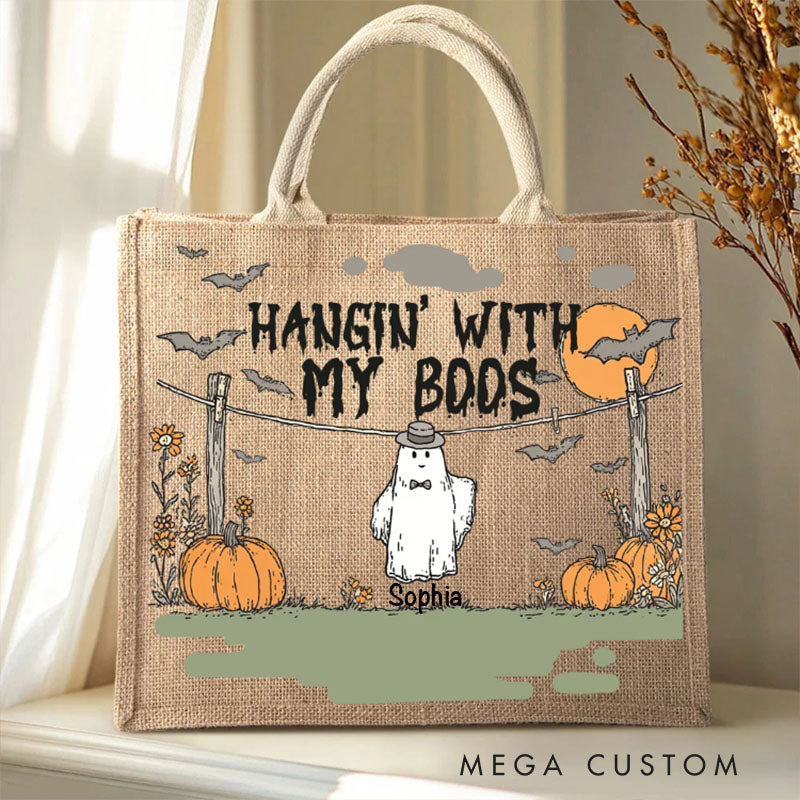 【🔥Hot Sale🔥】Personalized Hangin With My Boos Pumpkin Ghost Jute Bag with Names Halloween Party Gift for Boys Girls