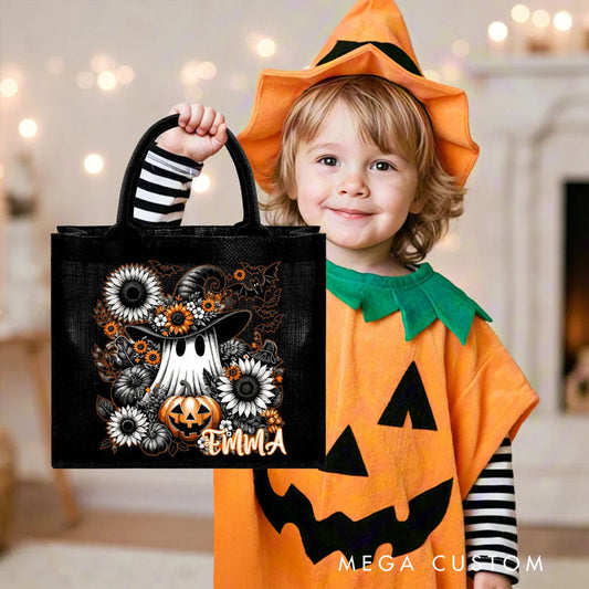 【🔥Hot Sale🔥】Personalized Floral Ghost Black Linen Tote Bag with Name Halloween Party Gift for Boys Girls