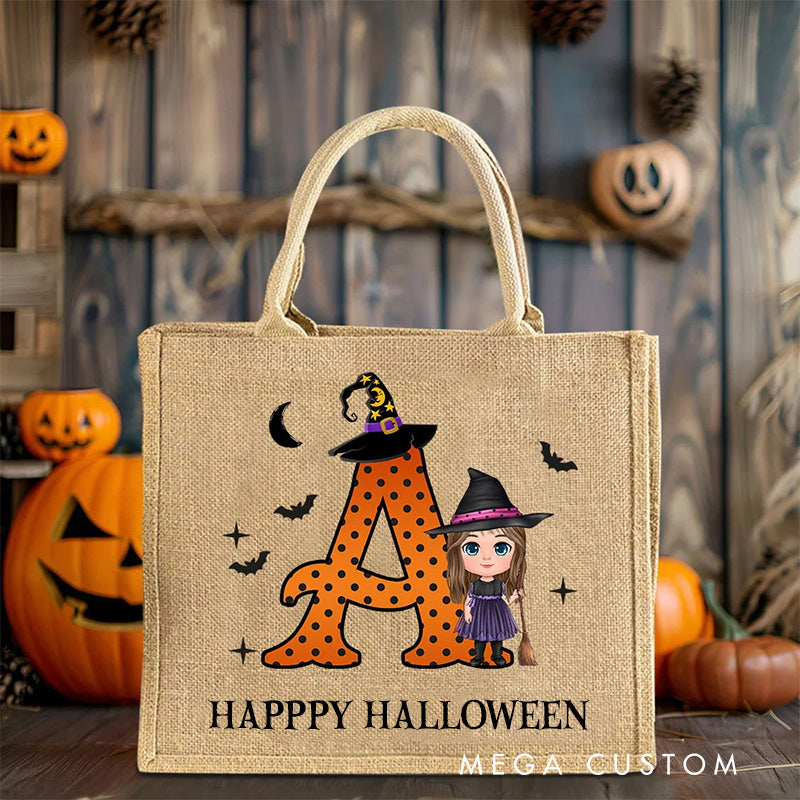 【🔥Hot Sale🔥】Personalized Cartoon Vampire Witch Trick or Treat Jute Tote Bag with Name and Initial Halloween Spooky Season Gift for Boys Girls