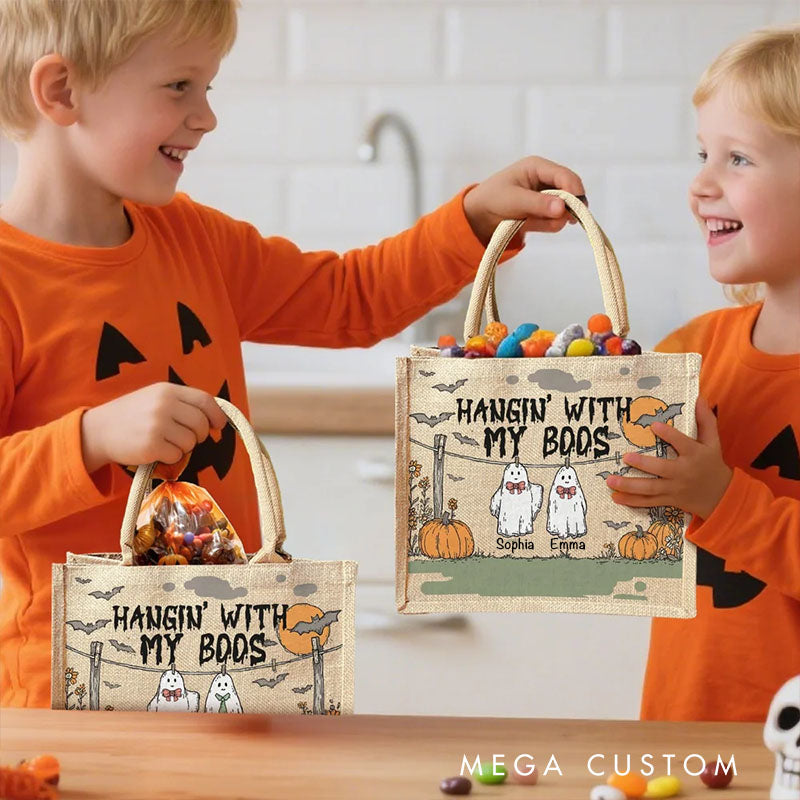【🔥Hot Sale🔥】Personalized Hangin With My Boos Pumpkin Ghost Jute Bag with Names Halloween Party Gift for Boys Girls