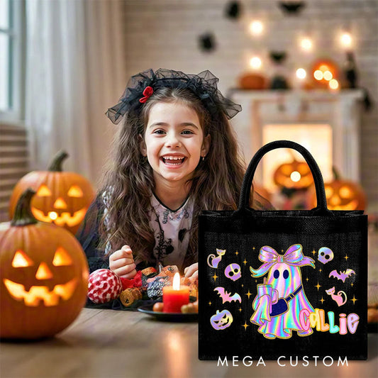 【🔥Hot Sale🔥】Personalized Laser Style Cartoon Bow Ghost Skull Bat Large Linen Tote Bag with Name Trick or Treat Halloween Party Gift for Kids