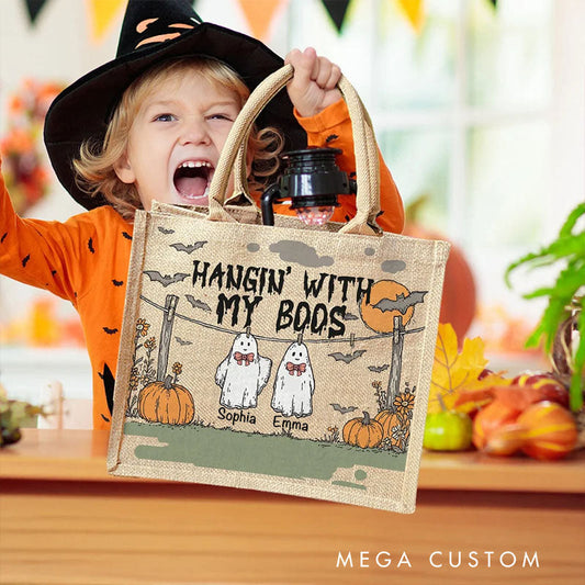 【🔥Hot Sale🔥】Personalized Hangin With My Boos Pumpkin Ghost Jute Bag with Names Halloween Party Gift for Boys Girls