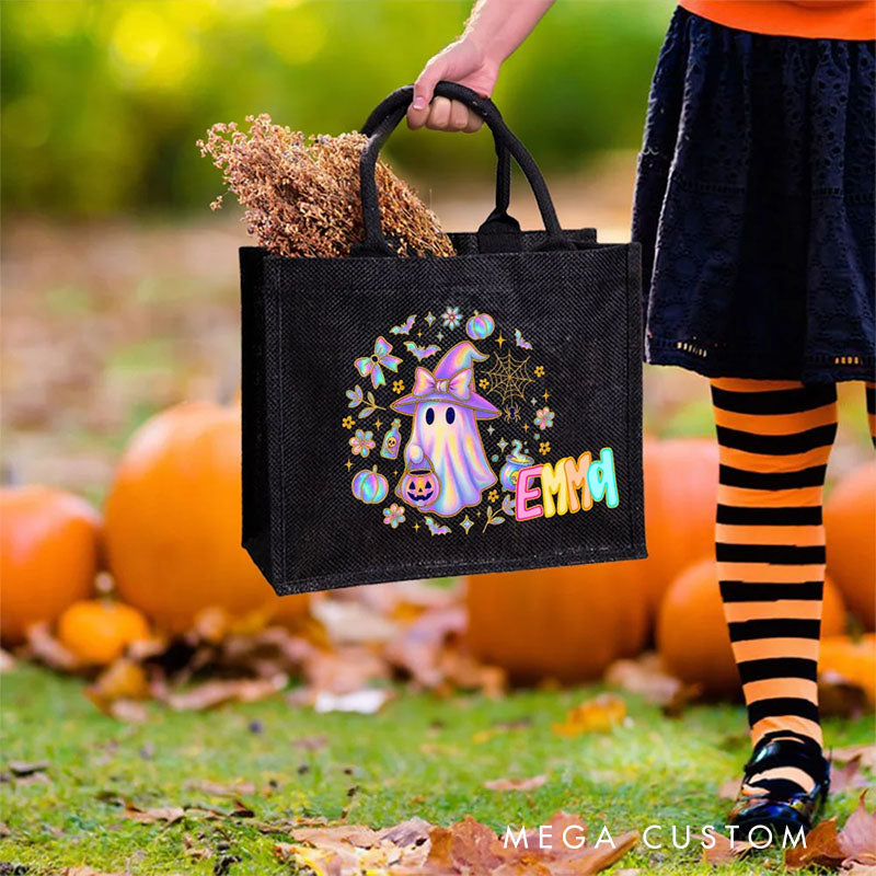 【🔥Hot Sale🔥】Personalized Laser Style Cartoon Bow Ghost Skull Bat Large Linen Tote Bag with Name Trick or Treat Halloween Party Gift for Kids