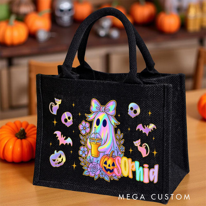 【🔥Hot Sale🔥】Personalized Laser Style Cartoon Bow Ghost Skull Bat Large Linen Tote Bag with Name Trick or Treat Halloween Party Gift for Kids