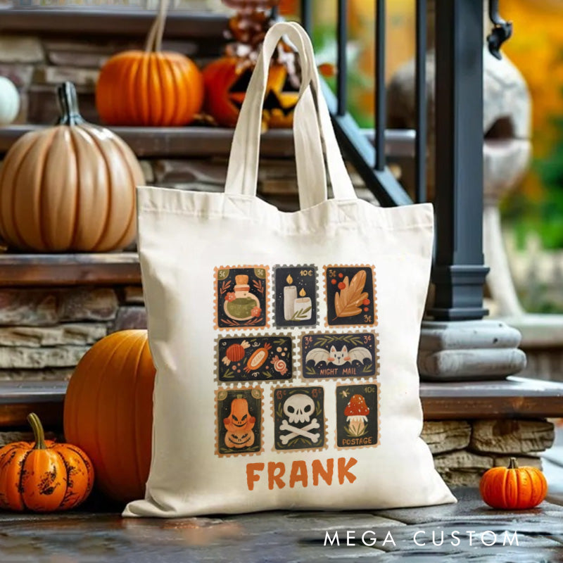 【🔥Hot Sale🔥】Personalized Autumn Stamps Canvas Tote Bag with Name Halloween Stamps Tote Trick or Treat Bag Ghouls Gift