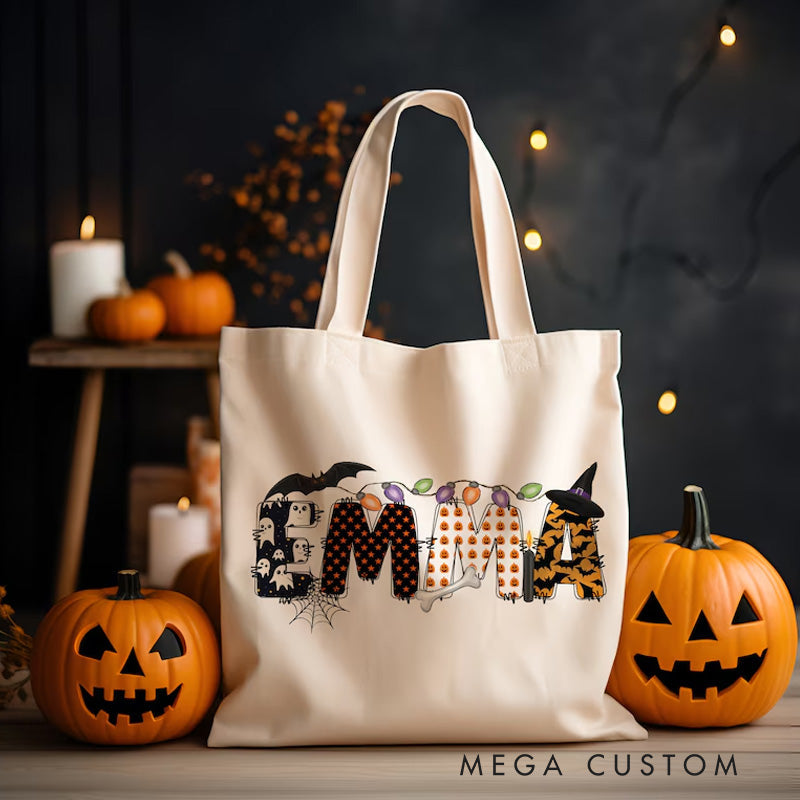 【🔥Hot Sale🔥】Personalized Kids Halloween Tote with Name Girl Boy Goodie Trick or Treat Tote Bag for Kids Gift for Halloween