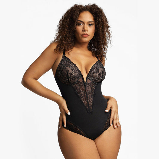 【🔥Hot Sale🔥】Shapewear Lace Deep-V Neck Bodysuits or Faux Leather Skirts