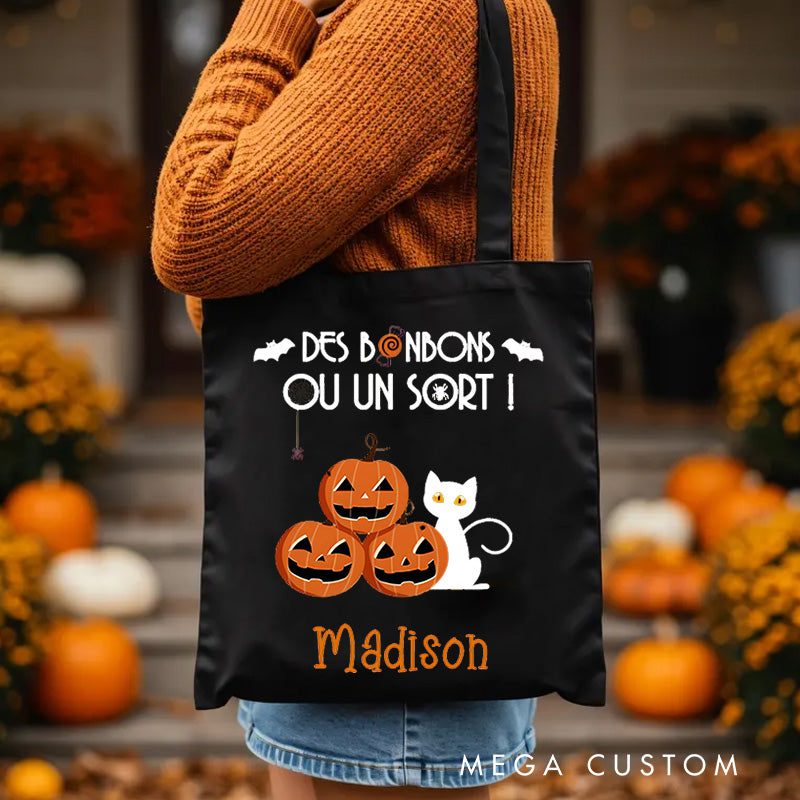 【🔥Hot Sale🔥】Personalized Trick or Treat Featuring Pumpkins Cats and Bats for a Fun Halloween Decoration Tote Bag