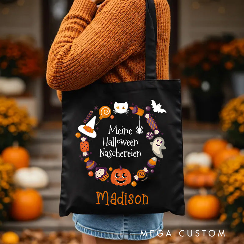 【🔥Hot Sale🔥】Personalized Halloween Treat Wreath Featuring Pumpkins Candy and Cats for a Festive Celebration Tote Bag