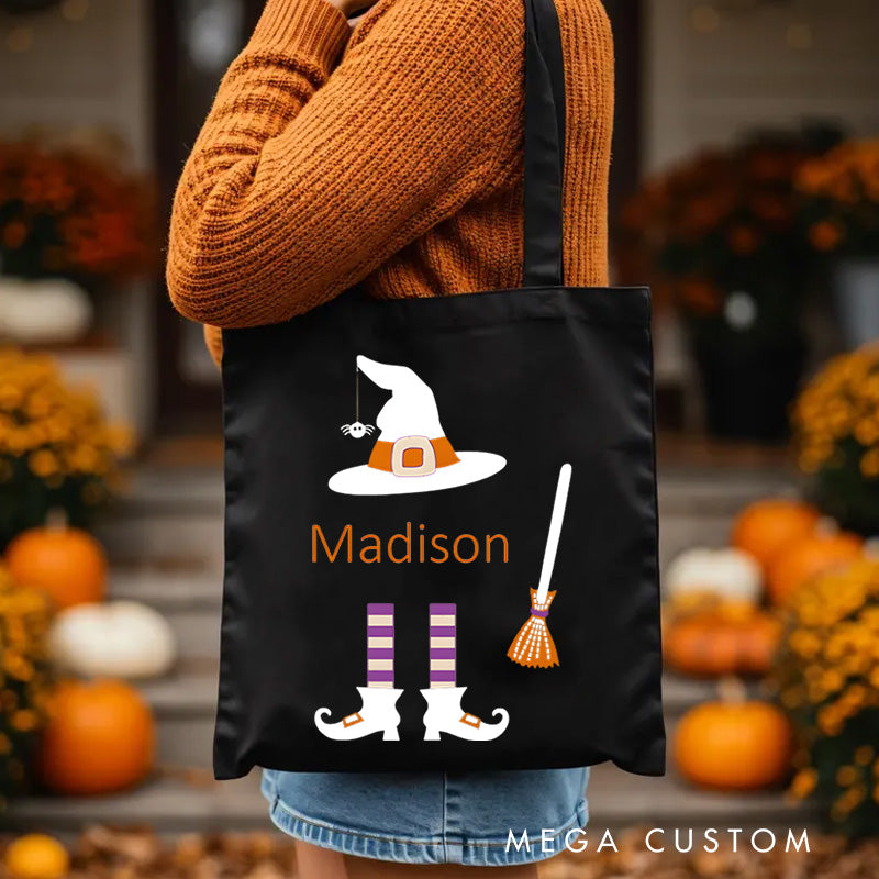 【🔥Hot Sale🔥】Personalized Witch Hat and Broom Featuring Name for a Fun Halloween Celebration Tote Bag