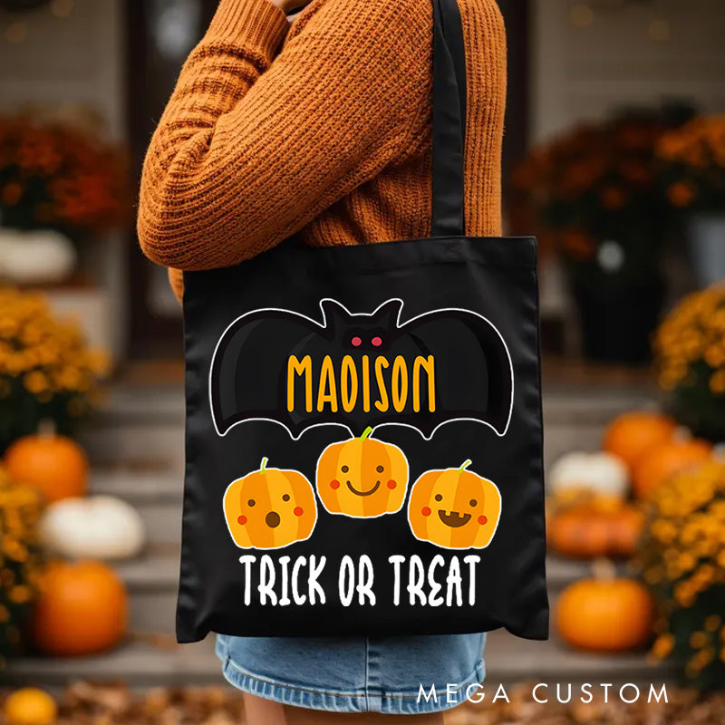 【🔥Hot Sale🔥】Personalized Bat and Pumpkin Featuring Name for a Spooky and Playful Trick or Treat Tote Bag