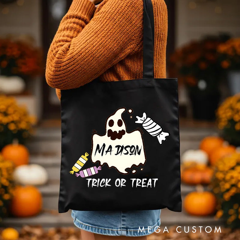 【🔥Hot Sale🔥】Personalized Ghost Featuring Name and Candy Accents for a Festive Halloween Celebration Tote Bag