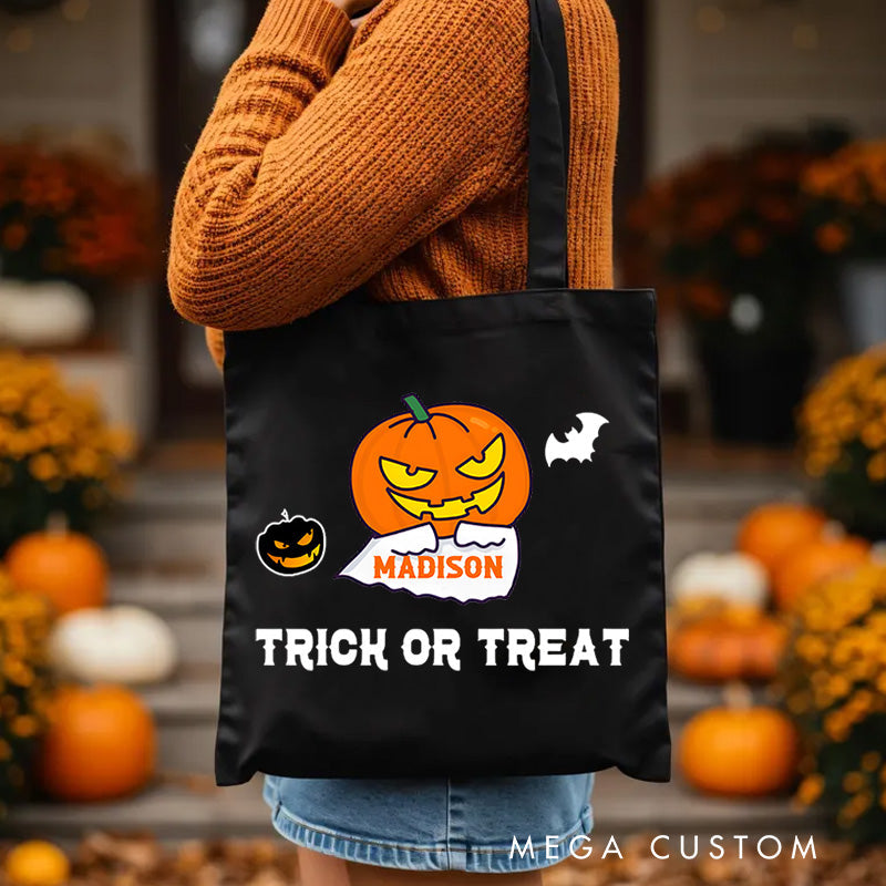 【🔥Hot Sale🔥】Personalized Pumpkin Head Featuring Name for a Fun and Spooky Trick or Treat Tote Bag