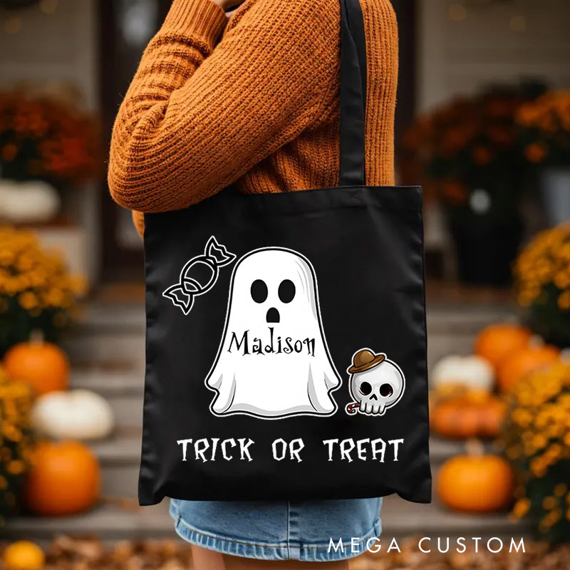 【🔥Hot Sale🔥】Personalized Ghost Featuring Name and Skull Accents for a Cute Halloween Celebration Tote Bag