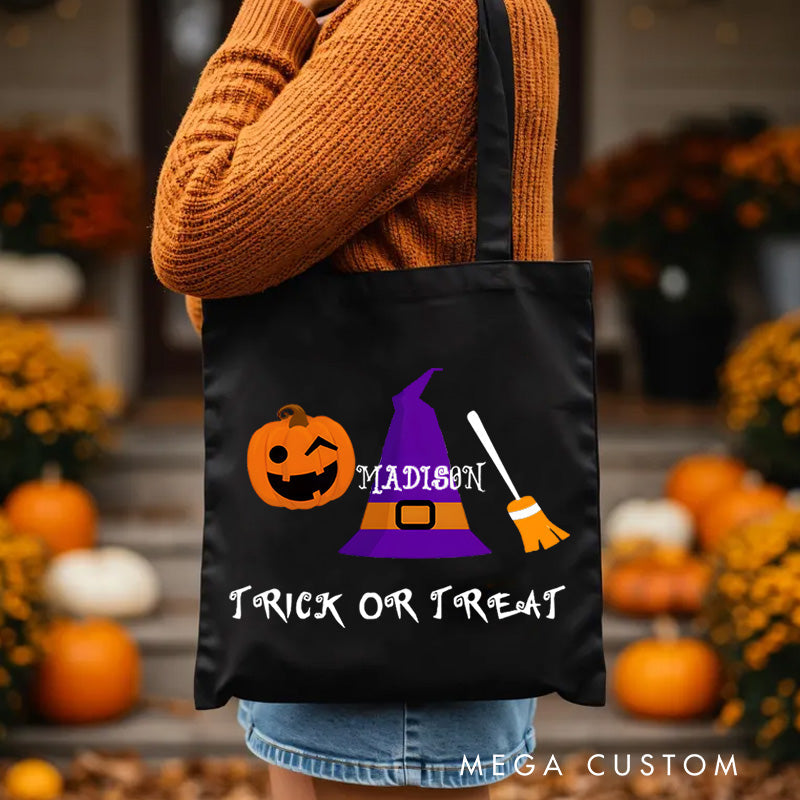 【🔥Hot Sale🔥】Personalized Witch Hat and Pumpkin Featuring Name for a Festive Halloween Accent Tote Bag
