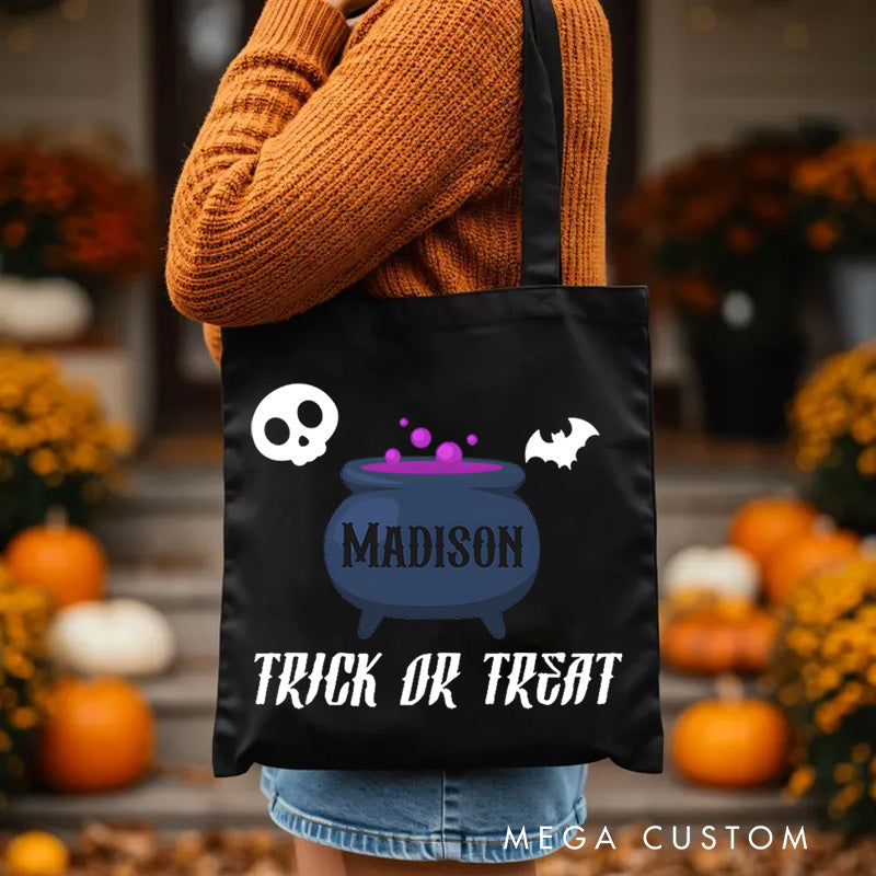 【🔥Hot Sale🔥】Personalized Cauldron Featuring Name and Halloween Symbols for a Spooky Trick or Treat Tote Bag