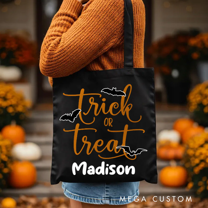 【🔥Hot Sale🔥】Personalized Trick or Treat Featuring Elegant Typography and Name for a Stylish Halloween Tote Bag