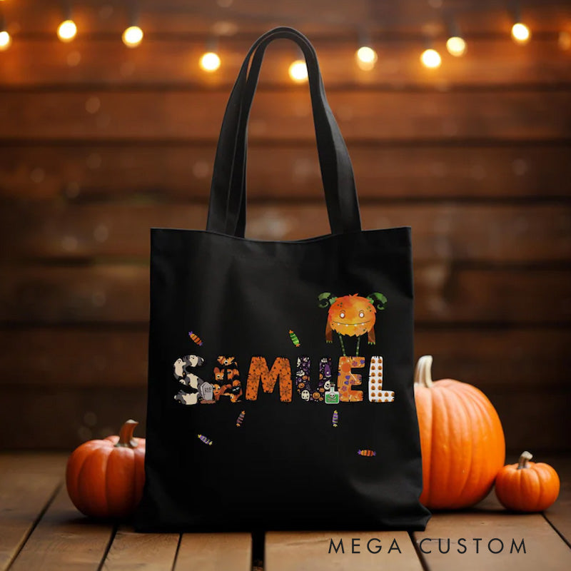 【🔥Hot Sale🔥】Personalized Kids Halloween Tote with Name Girl Boy Goodie Trick or Treat Tote Bag for Kids Gift for Halloween