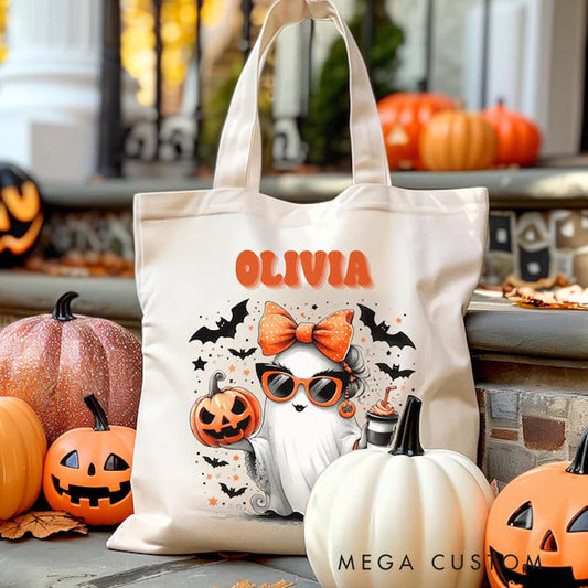 【🔥Hot Sale🔥】Personalized Trick or Treat Tote Bag Halloween Bag for Trick or Treating Cute Girl Ghost with Bow Bag for Candy