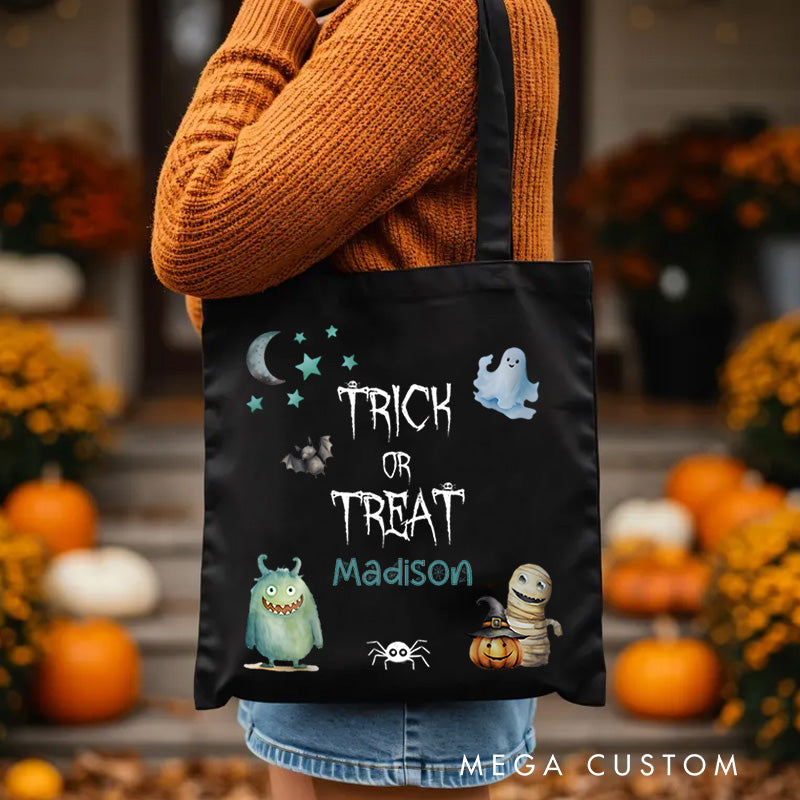 【🔥Hot Sale🔥】Personalized Trick or Treat Illustration Featuring Monster Ghost and Name for a Fun Halloween Celebration Tote Bag
