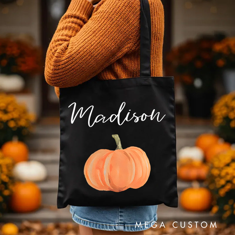 【🔥Hot Sale🔥】Personalized Pumpkin Illustration Featuring Name for a Festive and Autumn Inspired Halloween Accent Tote Bag