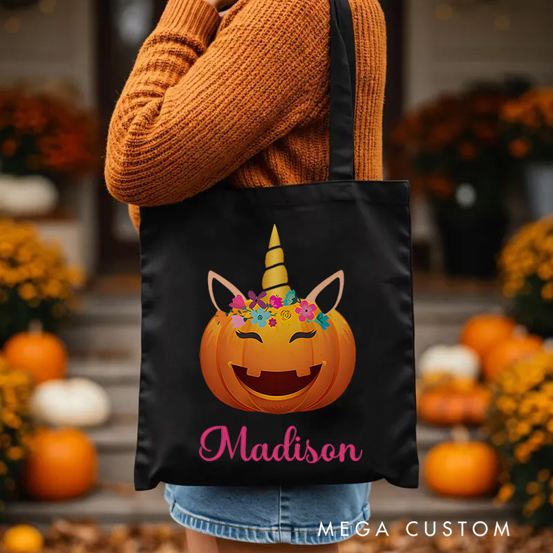 【🔥Hot Sale🔥】Personalized Pumpkin Illustration with Floral Crown Featuring Name for a Unique Halloween Accent Tote Bag