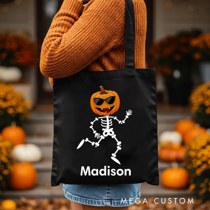 【🔥Hot Sale🔥】Personalized Skeleton Illustration with Pumpkin Head Featuring Name for a Playful Halloween Accent Tote Bag