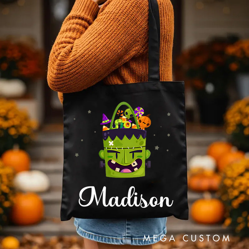 【🔥Hot Sale🔥】Personalized Frankenstein Illustration Featuring Name for a Fun and Spooky Halloween Celebration Tote Bag