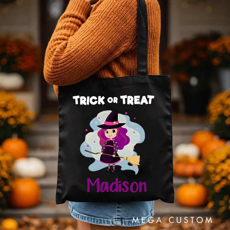 【🔥Hot Sale🔥】Personalized Witch Trick or Treat Illustration Featuring Name for a Fun and Spooky Halloween Celebration Tote Bag