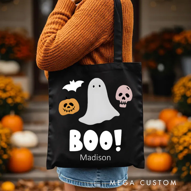 【🔥Hot Sale🔥】Personalized Boo Ghost Illustration Featuring Name for a Fun and Spooky Halloween Decoration Tote Bag
