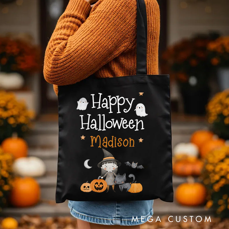 【🔥Hot Sale🔥】Personalized Happy Halloween Illustration Featuring Ghosts Pumpkins and Name for a Delightful Halloween Accent Tote Bag