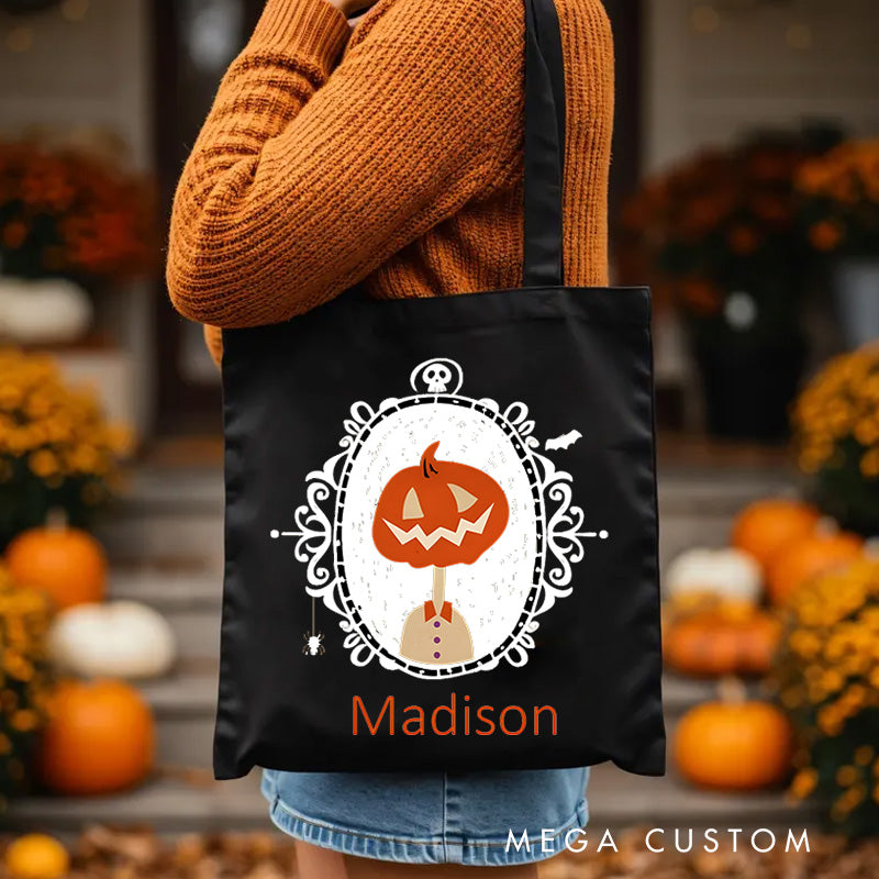 【🔥Hot Sale🔥】Personalized Pumpkin Illustration in Ornate Frame Featuring Name for a Sophisticated Halloween Decoration Tote Bag
