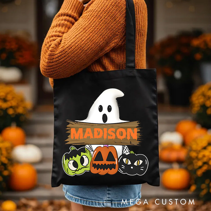 【🔥Hot Sale🔥】Personalized Ghost and Pumpkin Illustration Featuring Name for a Cute and Festive Halloween Accent Tote Bag