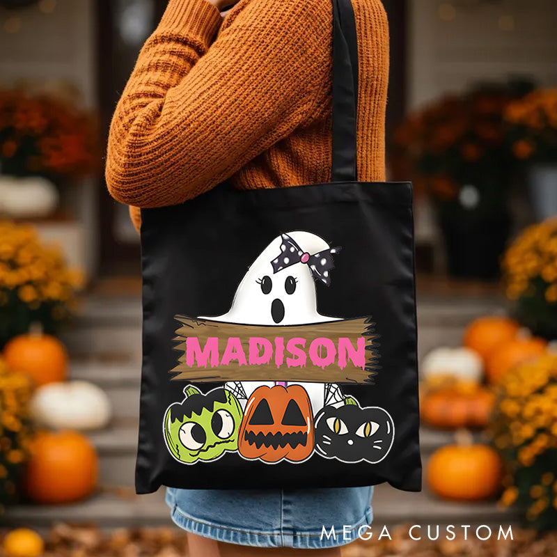 【🔥Hot Sale🔥】Personalized Ghost and Pumpkin Illustration Featuring Name with Playful Details for a Halloween Celebration Tote Bag