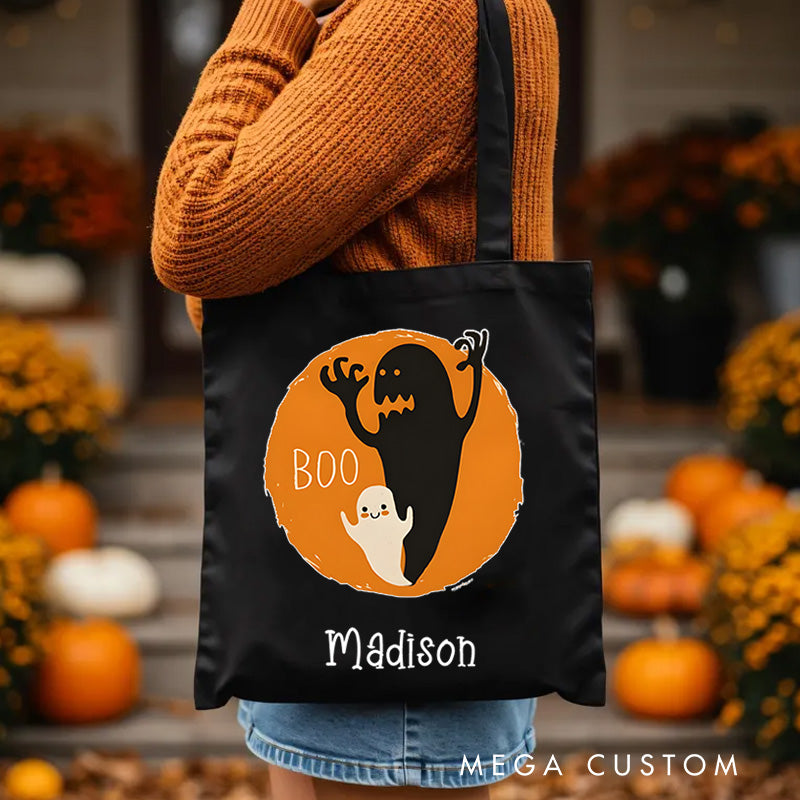 【🔥Hot Sale🔥】Personalized Boo Ghost Illustration Featuring Name with Orange Background for a Fun Halloween Celebration Tote Bag