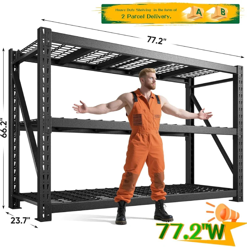 【🔥Factory Direct Clearout Sale🔥】77" W x 66"H Ultra Wide Garage Shelving 6600LBS Heavy Duty Storage Shelves 3 Tier Metal Shelving Unit Adjustable Utility Shelves for Basement, Garage, Warehouse