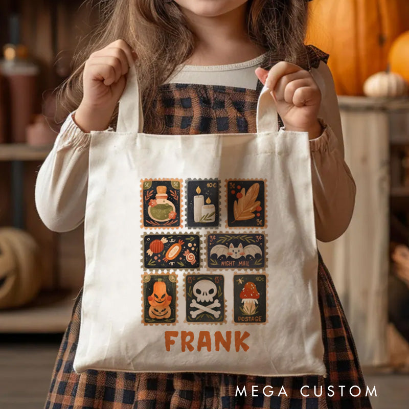 【🔥Hot Sale🔥】Personalized Autumn Stamps Canvas Tote Bag with Name Halloween Stamps Tote Trick or Treat Bag Ghouls Gift