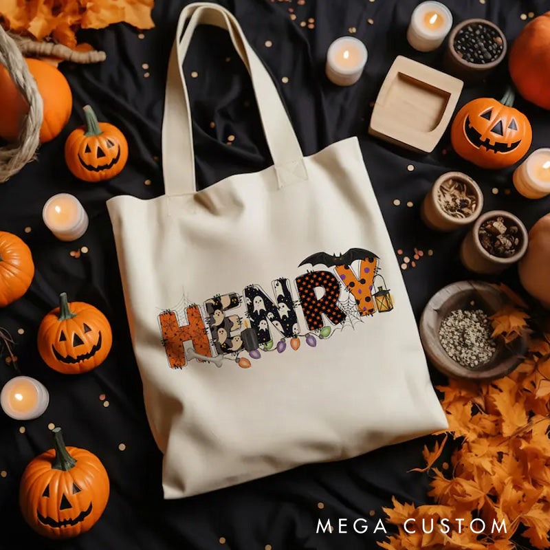 【🔥Hot Sale🔥】Personalized Kids Halloween Tote with Name Girl Boy Goodie Trick or Treat Tote Bag for Kids Gift for Halloween