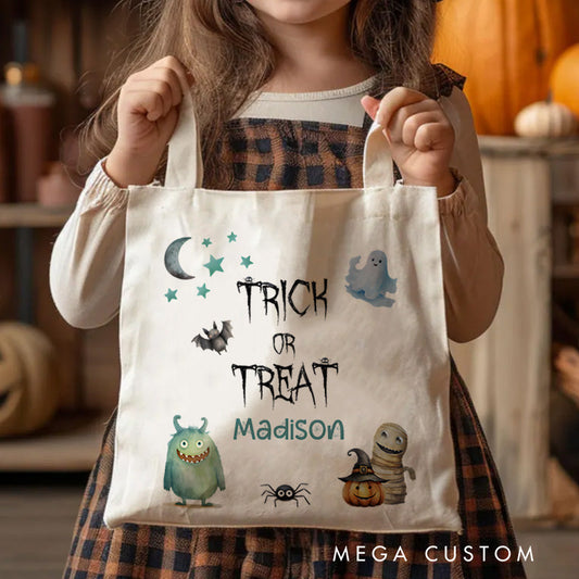 【🔥Hot Sale🔥】Personalized Trick or Treat Illustration Featuring Monster Ghost and Name for a Fun Halloween Celebration Tote Bag