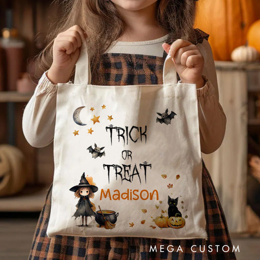【🔥Hot Sale🔥】Personalized Trick or Treat Illustration Featuring Witch Cat and Name for a Spooky Halloween Accent Tote Bag